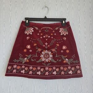 Blu Pepper S Mini Skirt Burgundy Corduroy Embroidered Floral Witchy Whimsigoth